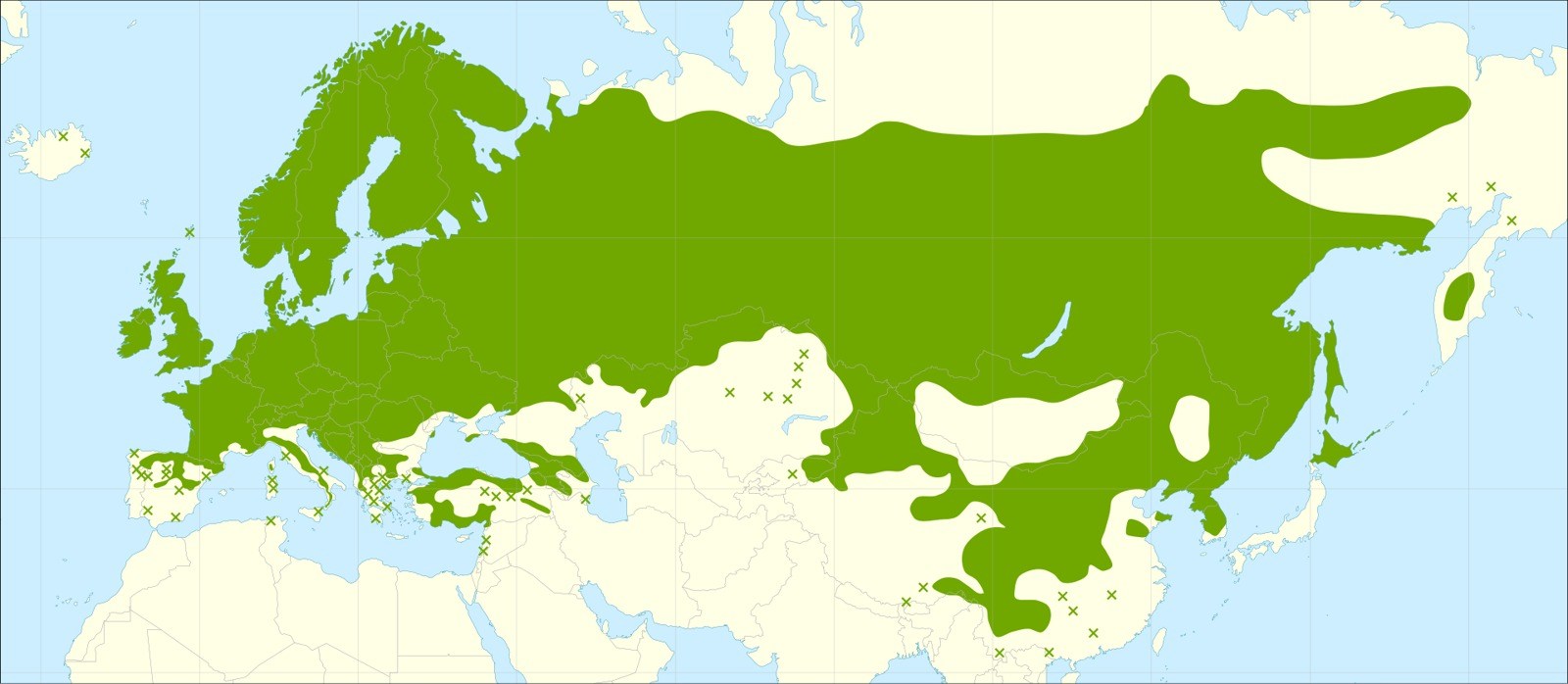 Aspens utbredning i Europa och Asien.