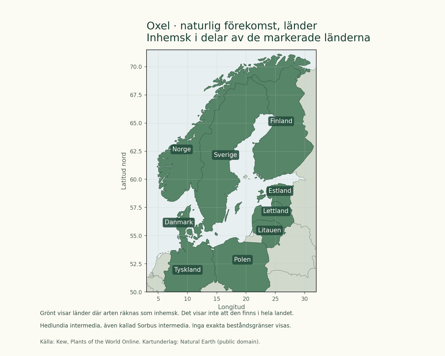 Oxel: geografisk översikt över länder och regioner med naturlig förekomst, utan exakta beståndsgränser.