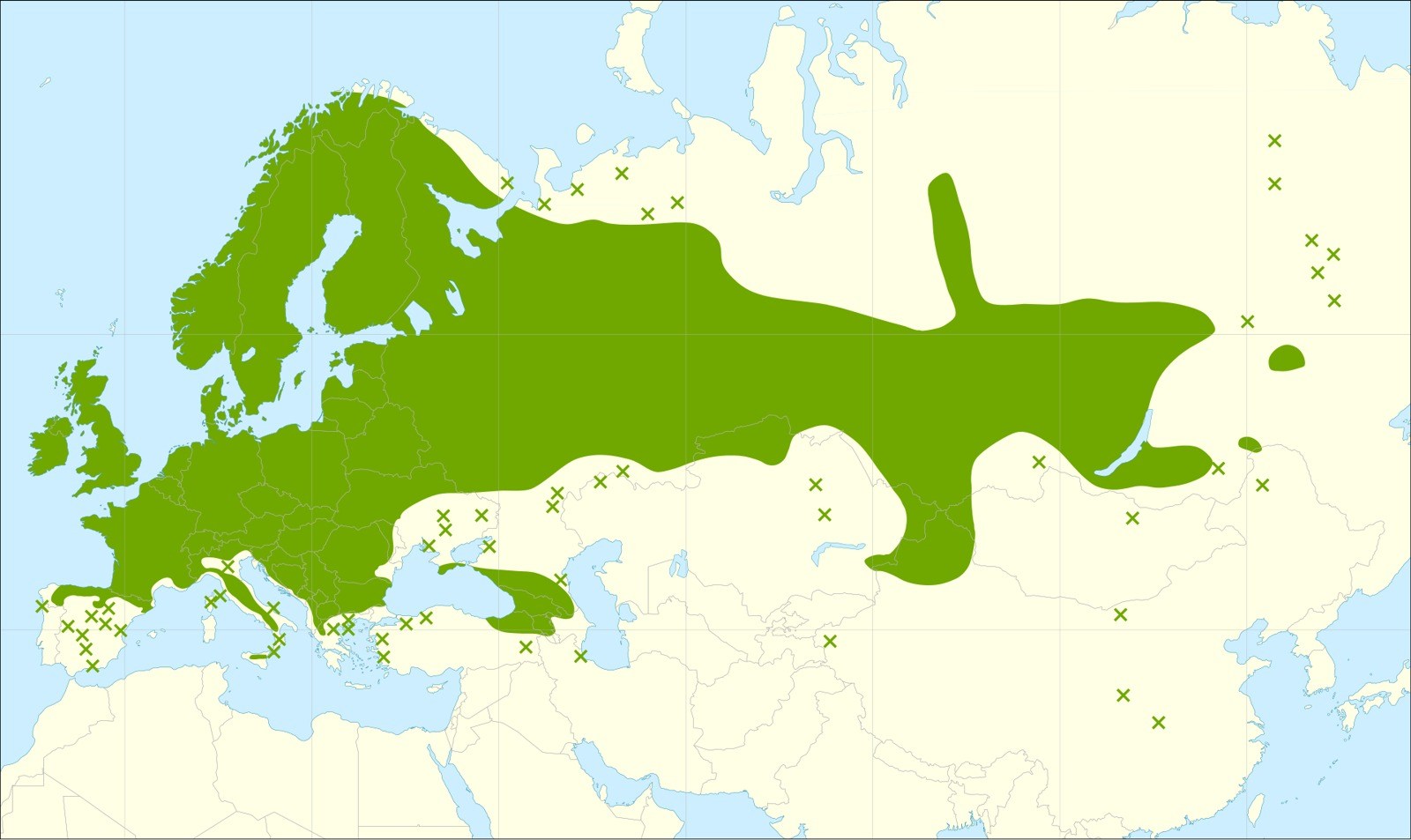 Sälgens utbredning i Europa och Asien.