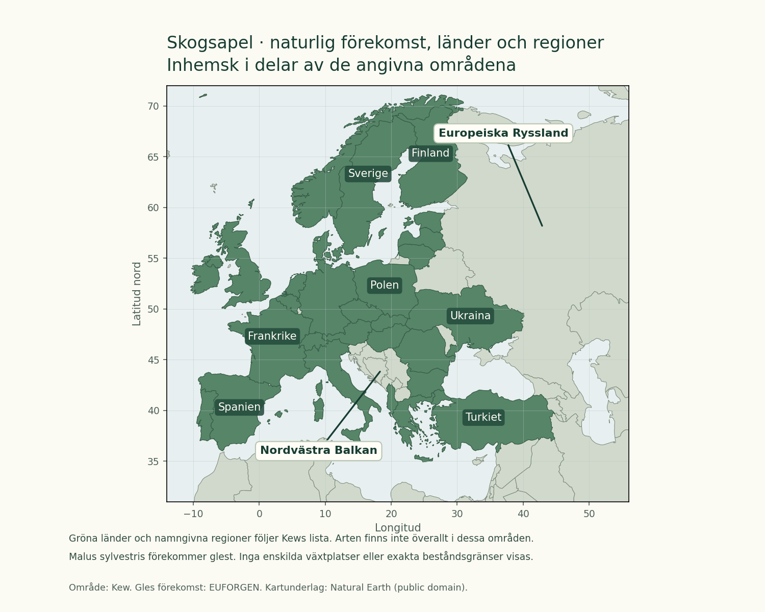 Skogsapel: geografisk översikt över länder och regioner med naturlig förekomst, utan exakta beståndsgränser.