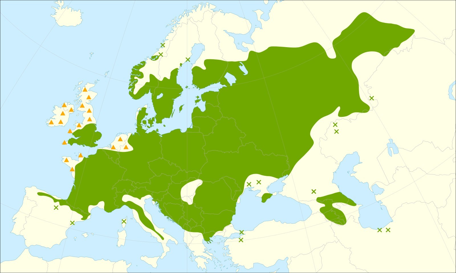 Skogslindens utbredning i Europa och västra Asien.