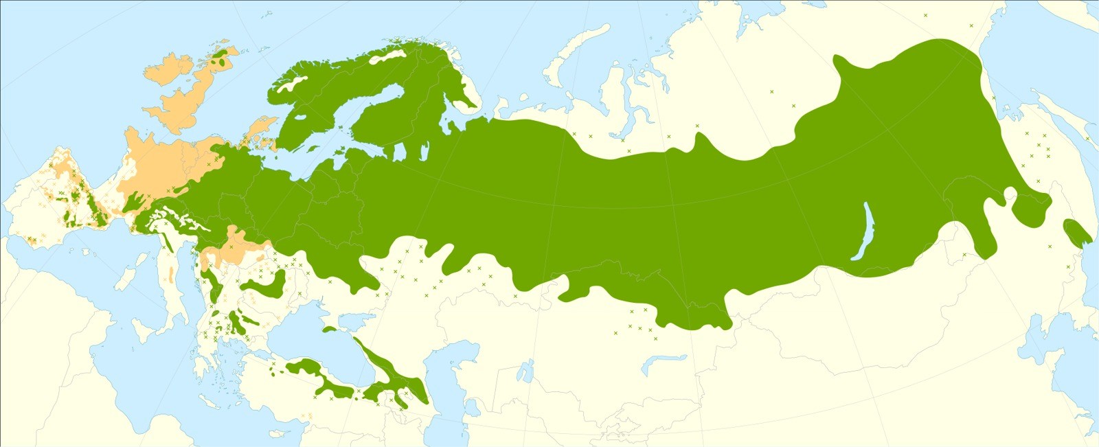 Tallens utbredning i Europa och Asien.